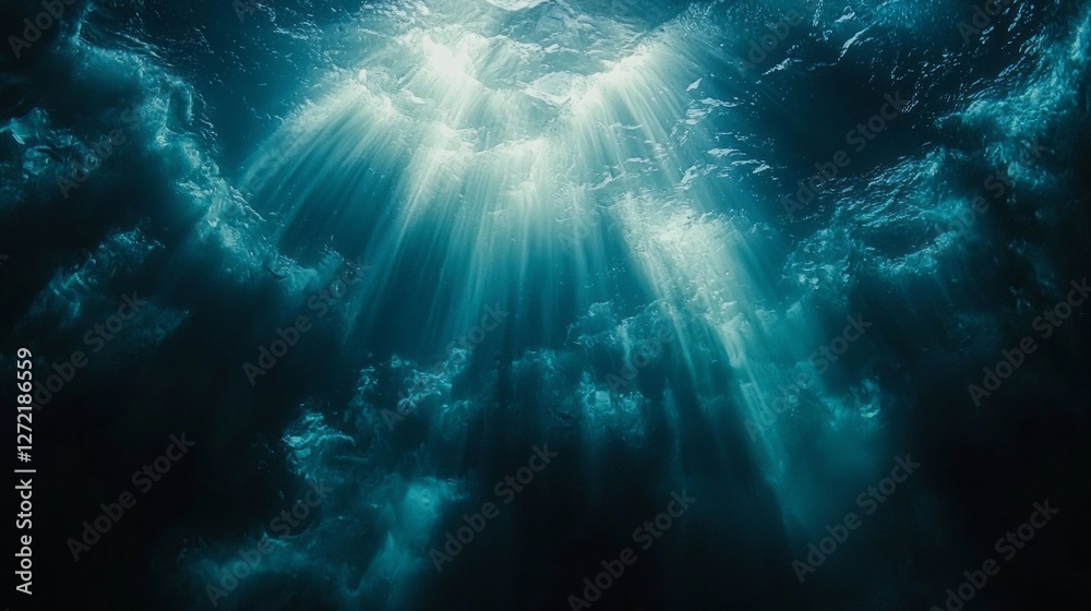 Poster Sunlight filters through the water's surface, casting mesmerizing rays into the deep blue ocean. Bubbles dance gracefully, while aquatic life thrives in this serene underwater world