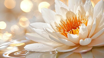  A zoomed-in photo of a white bloom with water beads on its petals, against a backdrop of golden bokeh light