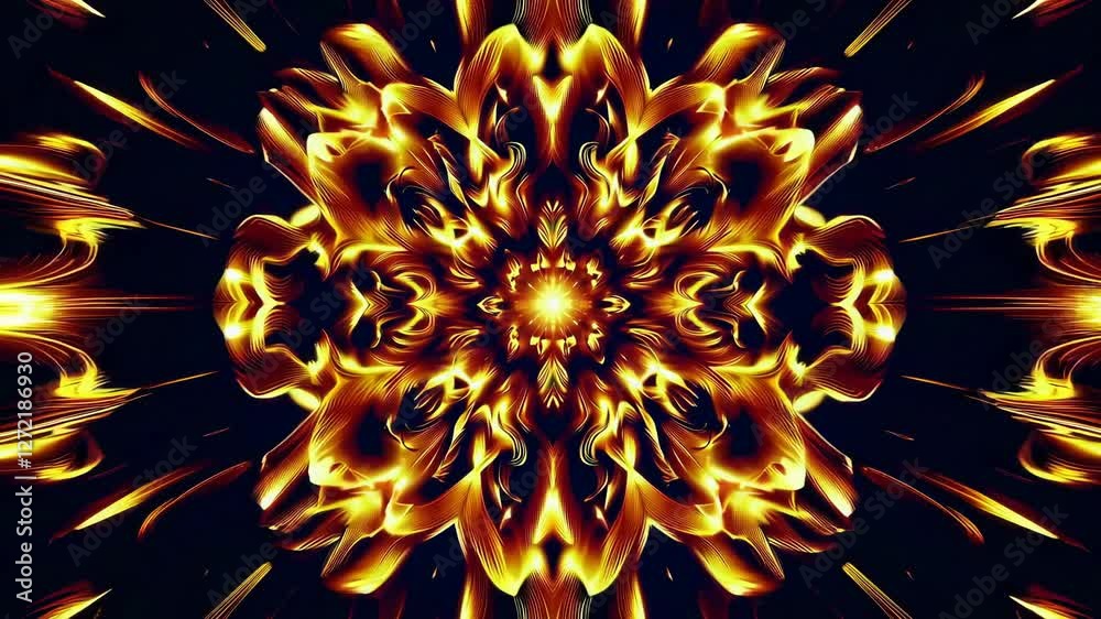 Poster abstract fractal pattern with golden flames on black background, digital art concept