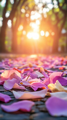 Vibrant Flower Petals Falling in Sunlit Golden Hour
