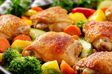 Roasted Chicken Thighs with Colorful Vegetables on a Pan Sheet