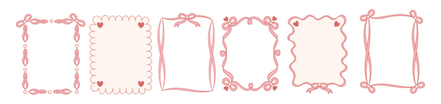 Coquette frame with ribbon and bow for valentne design. Coquette border with elegant line. Frame vintage cute style. Vector romantic illustration