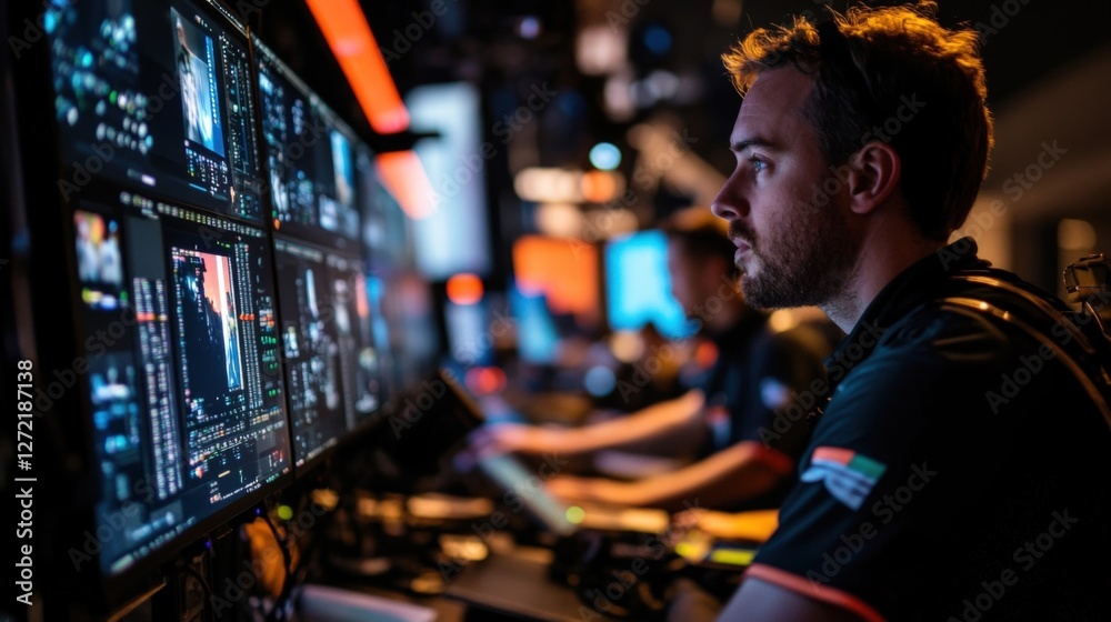 Poster professional video editor focused on his work. using advanced software and multiple screens to edit 
