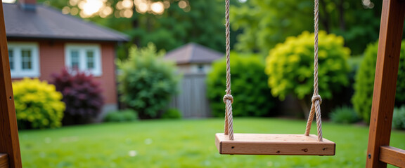 wooden swing in a peaceful backyard setting surrounded by vibrant greenery and colorful bushes evoking a sense of family joy and togetherness