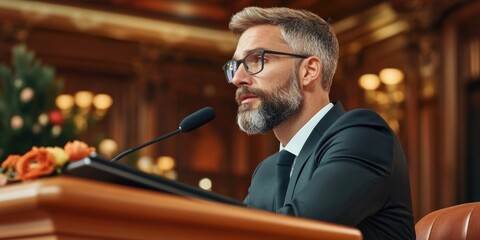Caucasian mature male speaker in formal setting delivering speech