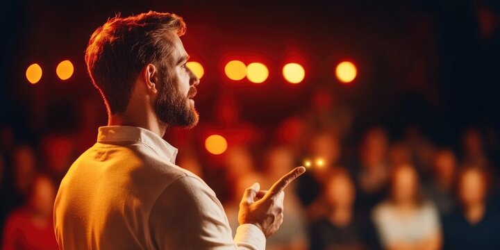 Caucasian male speaker engages audience at conference in warm lighting