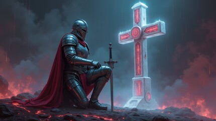 A brave knight kneels before a radiant cross, surrounded by embers and flames in a dark medieval city. His glowing sword symbolizes faith, devotion, and the struggle between light and darkness.
