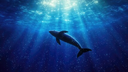 Obraz premium Whale swimming underwater with light rays shining down
