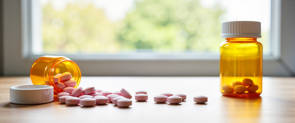 Pollen allergy antihistamine pill bottles with scattered tablets on wooden table in warm natural light, ideal for informational blogs and healthcare presentations -