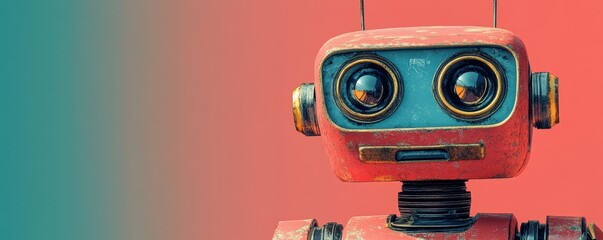 Fototapeta premium Rustic Red Robot with Large Eyes Against a Vivid Gradient Background Evoking a Vintage Sci-Fi Atmosphere and Artistic Design