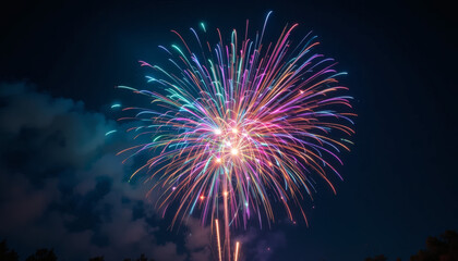Vibrant and Colorful Fireworks Display Exploding in the Night Sky with Sparks and Bright Flashes of Light Creating a Stunning Visual Celebration of Color
