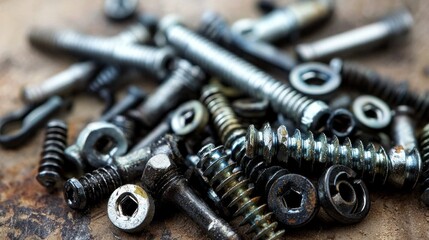 A detailed assortment of screws, bolts, and fasteners lies scattered on a rustic wooden surface, showcasing the essential tools for crafting and repairs. The metallic surfaces glimmer in soft light