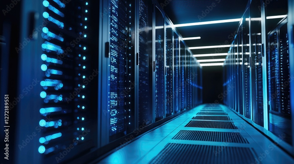 Aufkleber Advanced data center with glowing blue server racks in a high-tech environment, symbolizing cloud computing, cybersecurity, and digital storage. Ideal for IT, technology, and network security visuals