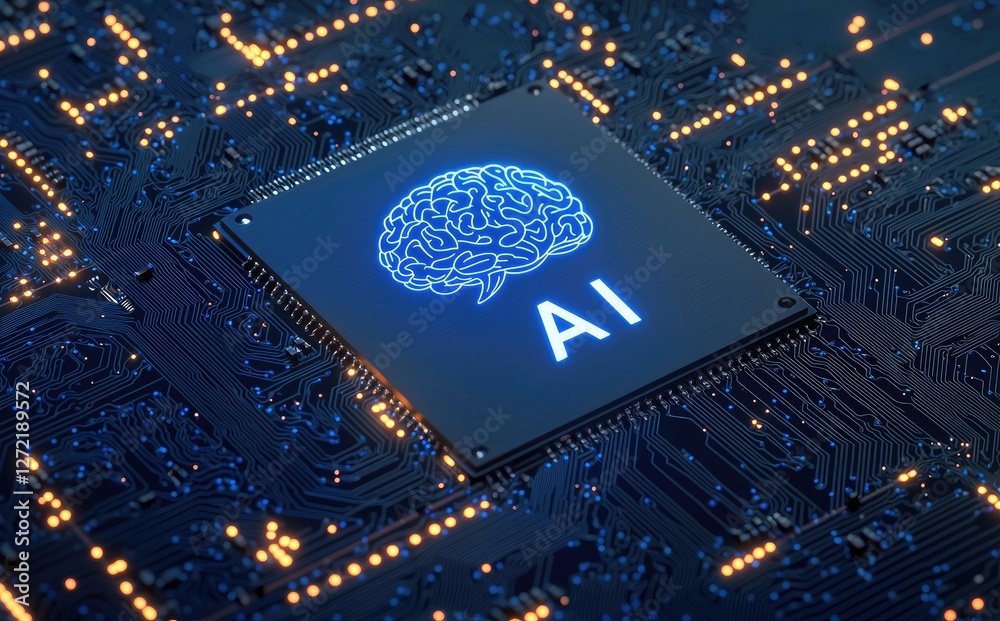 Aufkleber Futuristic AI microchip glowing on a detailed circuit board, symbolizing artificial intelligence, machine learning, and digital processing. Ideal for tech, innovation, and computing themes