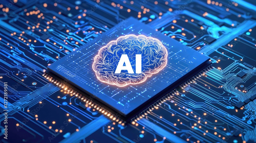 Aufkleber dvanced AI microchip glowing with a brain-like neural pattern on a high-tech circuit board, representing artificial intelligence and digital processing. Ideal for technology, computing, and innovation