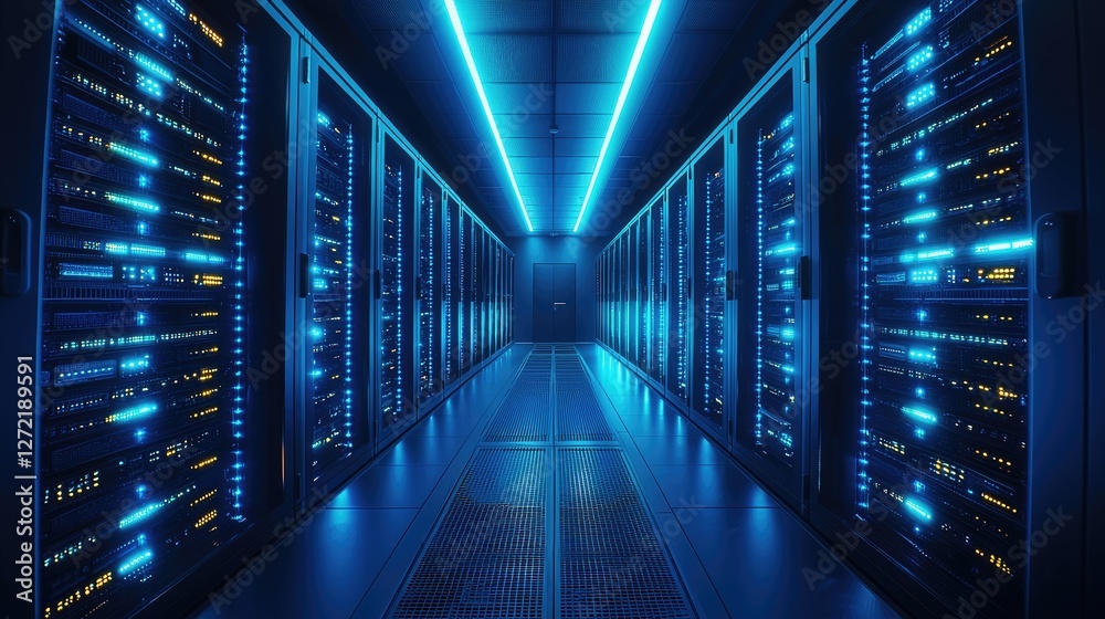 Poster High-tech data center with illuminated server racks, representing cloud computing, cybersecurity, and network infrastructure. Ideal for IT, security, and technology projects