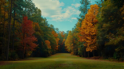 Autumnal forest path, vibrant foliage, golf course fairway, nature scene