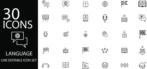 Editable Line Language Icons Set for Communication and Education 30 Vector Symbols for Web and Mobile Design