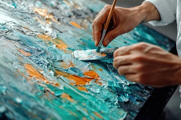 Close-up of an artist's hands skillfully applying teal and orange paint with a palette knife and...