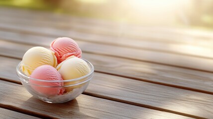 Close-up of ice cream scoops in bowl on wooden table under sunlight