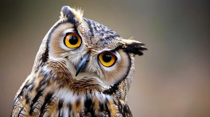 Close-up of curious owl with vibrant yellow eyes and intricate feather details