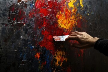 A hand uses a palette knife to apply vibrant red, yellow, and black oil paints to a textured...