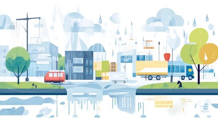 Business building in green trees near building. Flat style vector illustration. Road with transport. City landscape design.