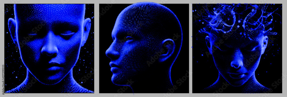 Poster three digital human-like faces in a deep blue monochrome. the expressions and artistic style suggest