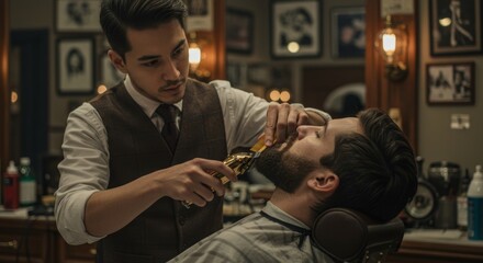 close up of barber in vest trimming client's beard