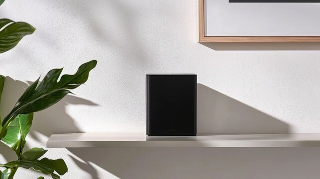 Modern Minimalist Sonos Speaker on White Shelf with Plant and Frame Shadow Play
