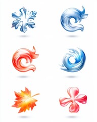 Obraz premium Abstract Seasonal Symbols: Energetic Water, Flame, and Nature Elements in Vibrant 3D Art