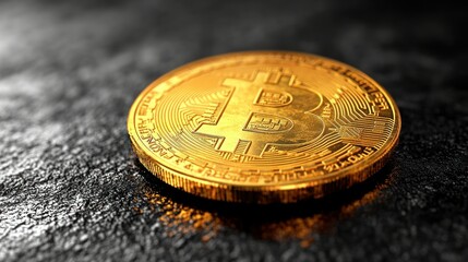 Golden Bitcoin on dark surface, close-up, finance concept