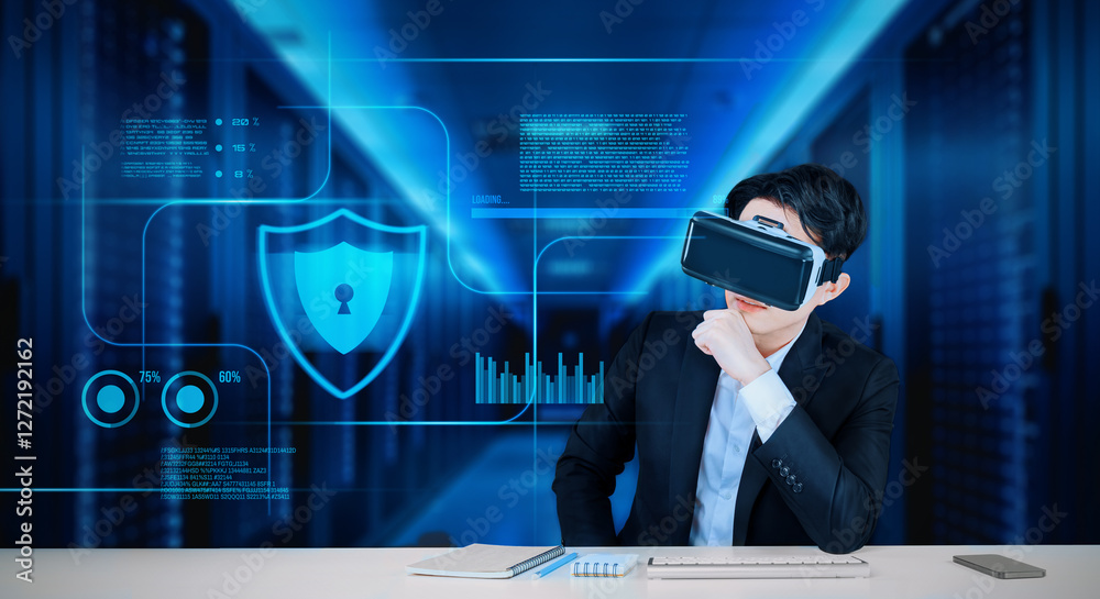 Poster businessman with goggles working while using security protection. manager with formal suit checking 