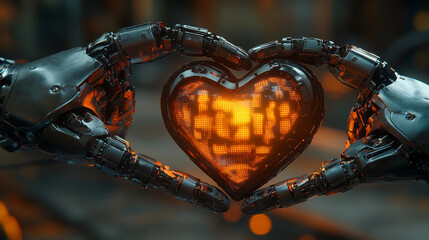Futuristic robotic hands crafting a heart symbol - AI and technology concept 7