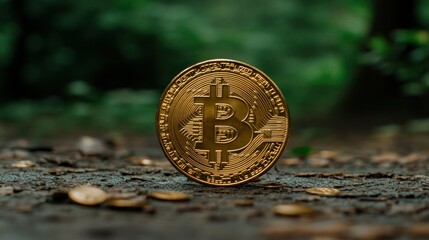 Golden Bitcoin on forest floor, nature background, finance