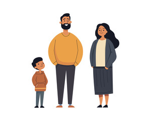 Vector illustration of a happy family, including a father, mother, and child, standing together. Perfect for concepts related to parenting, family bonding, relationships, and lifestyle designs.