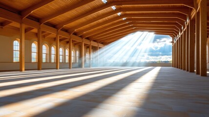 Sunlight streams into large wooden hall through arched windows