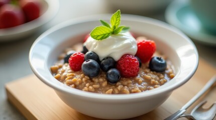 A warm bowl of oatmeal topped with a medley of fresh berries