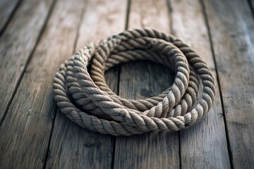 Obraz premium A coiled jump rope lies neatly on a weathered wooden floor, showcasing its texture and details. Soft shadows add depth, emphasizing the natural surroundings and quiet atmosphere