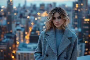 Fototapeta premium A woman in a grey coat stands on a rooftop overlooking a city at dusk.
