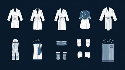 Glyph icon collection of clothing items, including bathrobes, pajamas, and socks. 