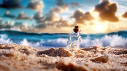 Glass bottle in sandy beach with ocean waves at sunset