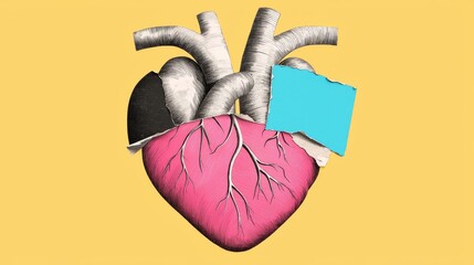 Surreal Anatomical Heart Collage on Vibrant Yellow Background
