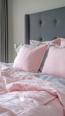 A beautifully arranged queen bed features delicate pink sheets and matching pillows, complemented by a chic grey headboard. The serene ambiance invites relaxation and comfort
