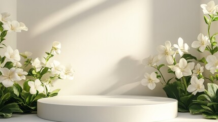 Minimalist flower background with an empty space podium for product mockups.