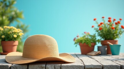 A wide-brimmed straw sun hat resting on a rustic wooden garden table, surrounded by gardening tools and vibrant flowers