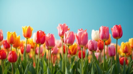 Obraz premium A vibrant flower bed filled with blooming tulips in various colors, set against a clear blue sky