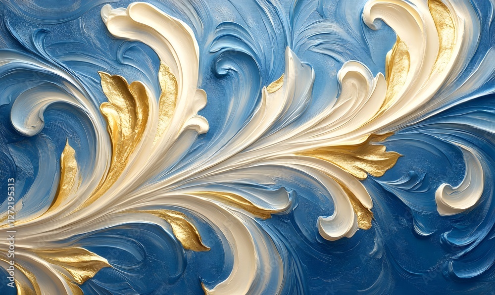 Poster abstract painting with swirling patterns in blue, white and gold creating a dynamic composition