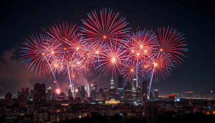 Fourth of July Fireworks Over a City Skyline
