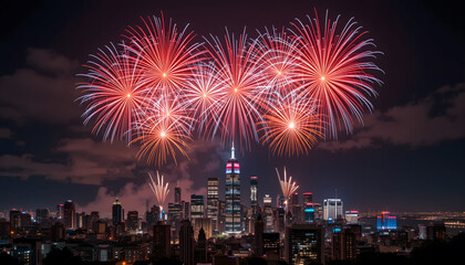 Fourth of July Fireworks Over a City Skyline